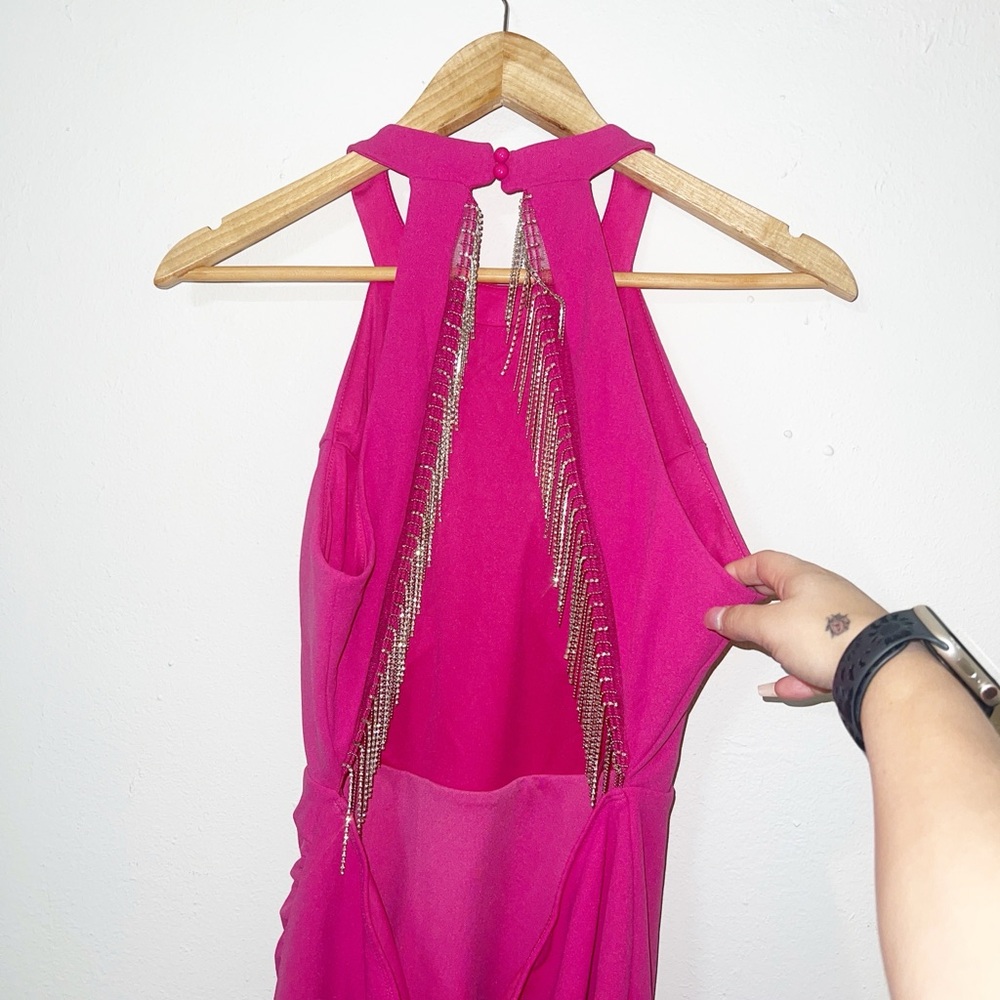 Sincerely Jules hot pink glitter fringe open back high neck mini dress - Picture 6 of 13